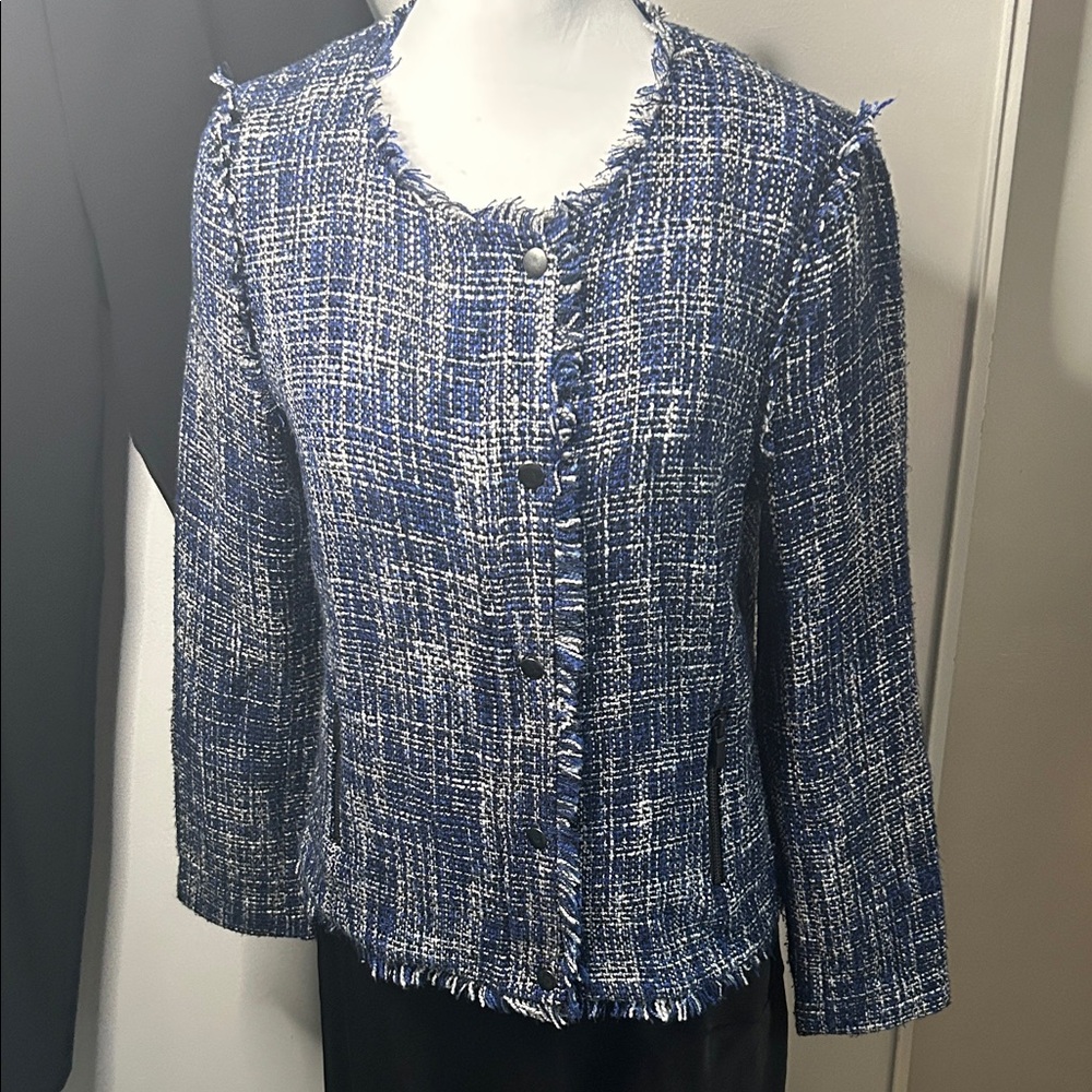 Halogen Tweed Fringe Trimmed Career Brunch Snap Zip-Front Jacket  Blazer